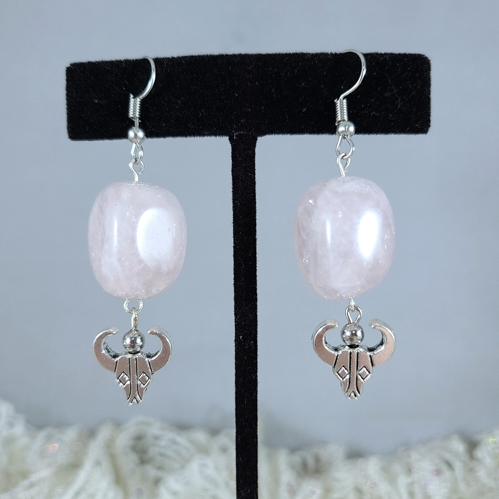 Quartz Stone Earrings with Bull Skull Charm
